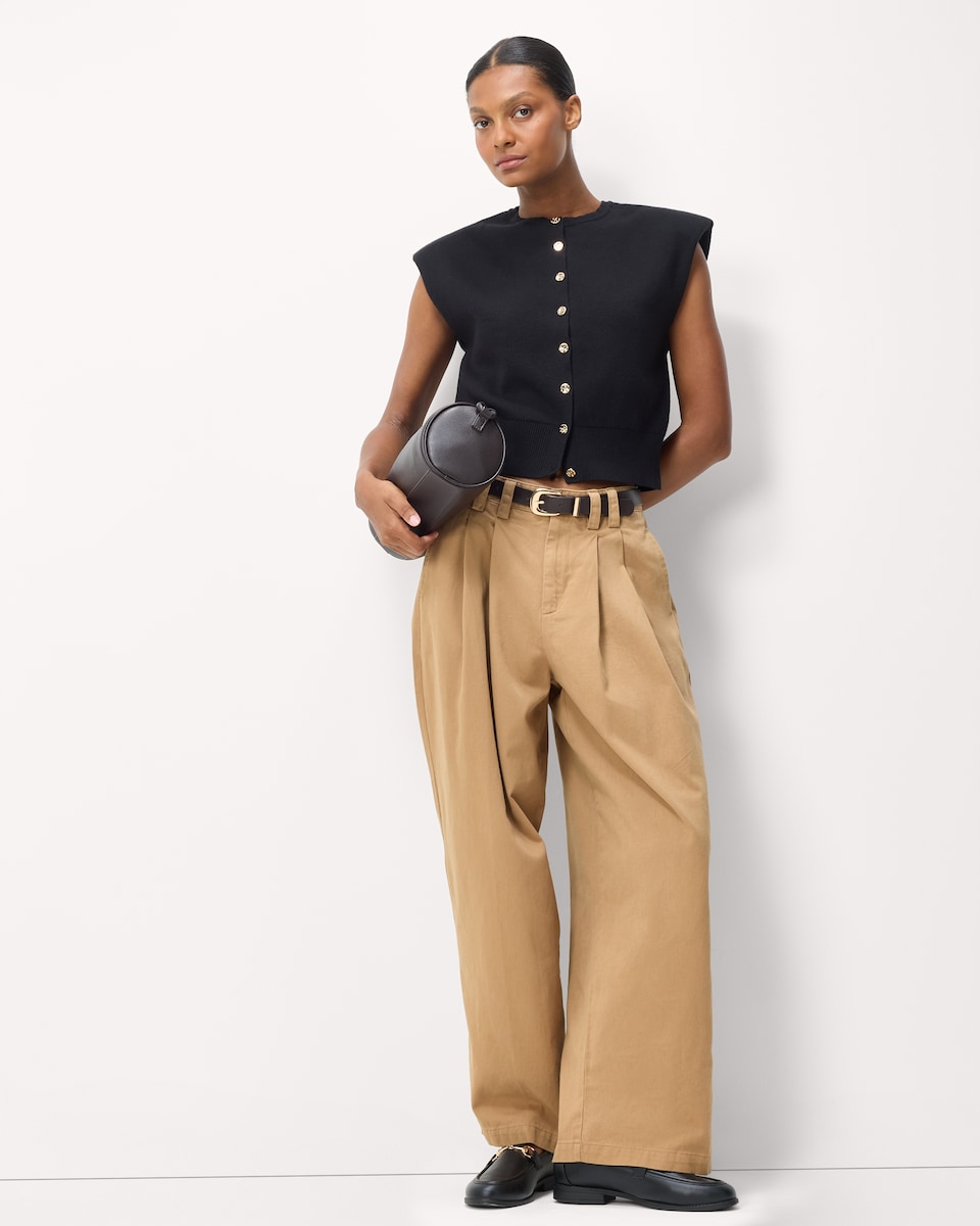 image 1 of F&F Pure Cotton Pleated Belted Chino Trousers in Camel