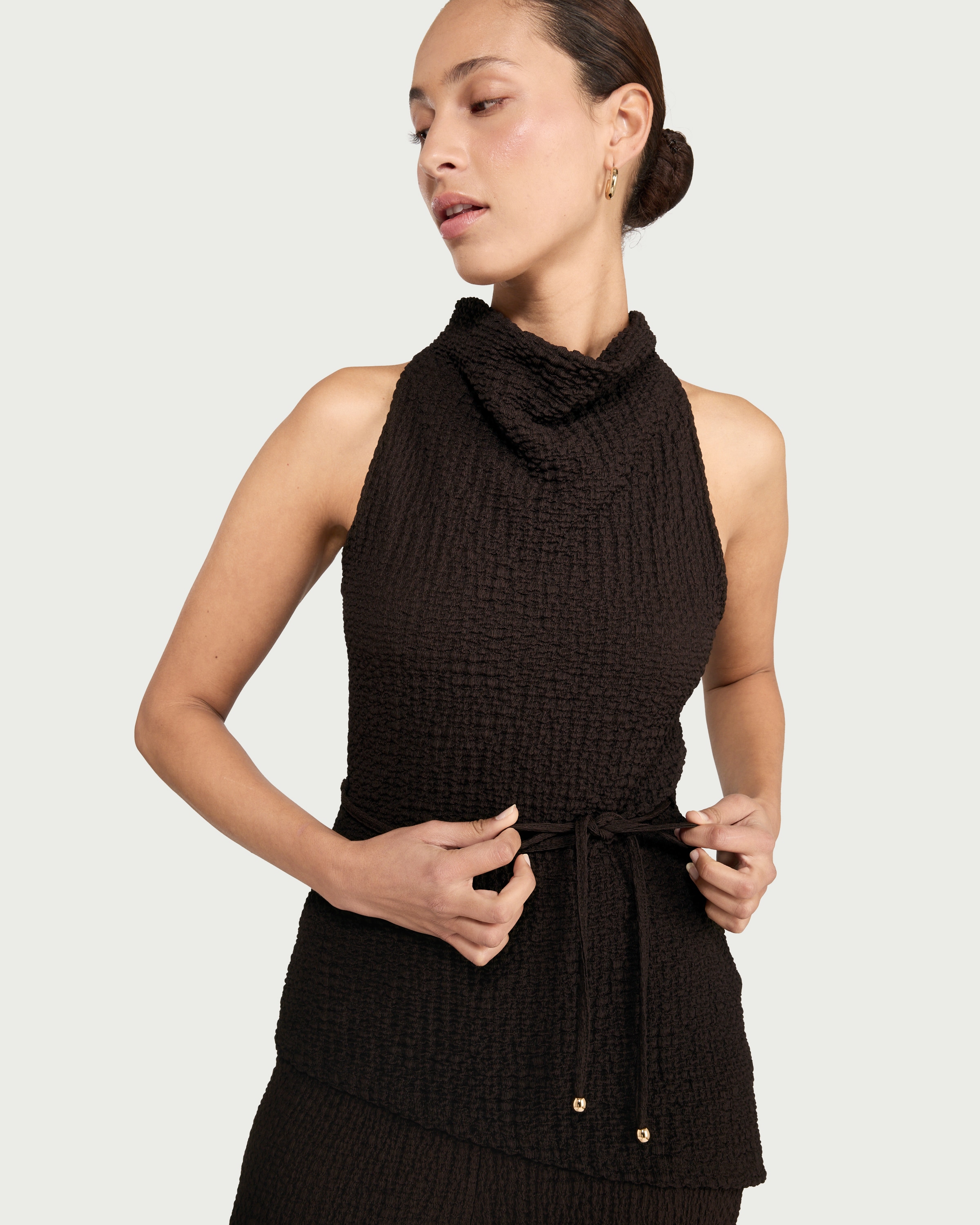F&F Crinkle Textured Draped Co-ord Top in Chocolate