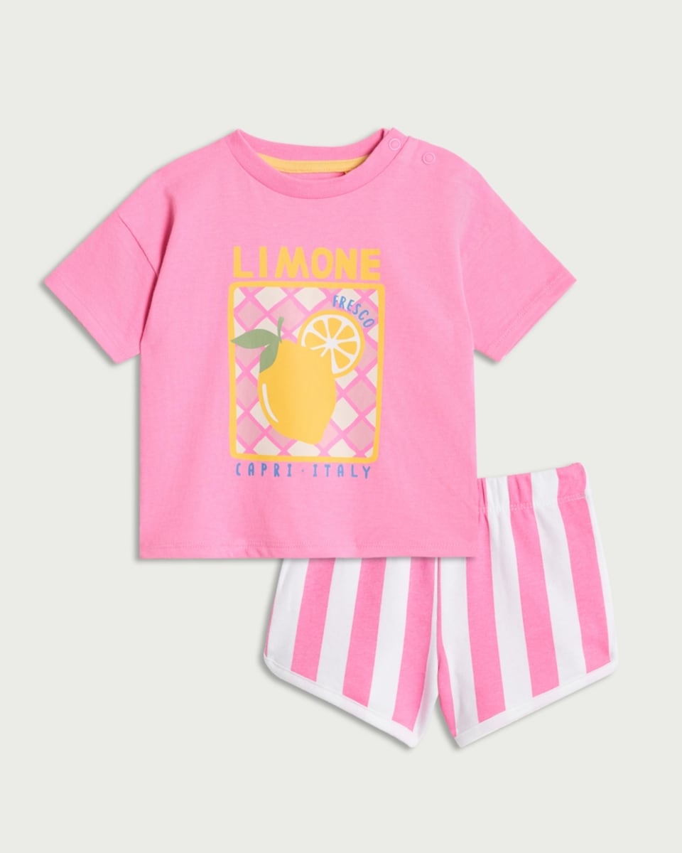 image 1 of F&F Baby 2-Piece Cotton Rich Lemon Print T-Shirt and Striped Shorts Set in Pink