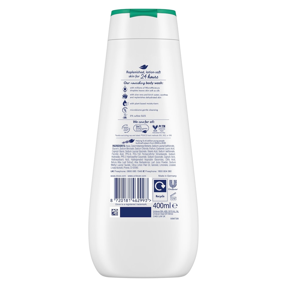 image 1 of Dove Hydrating 24hr Moisturisation Advanced Care Body Wash Shower Gel Aloe Vera & Birch Water 400ml