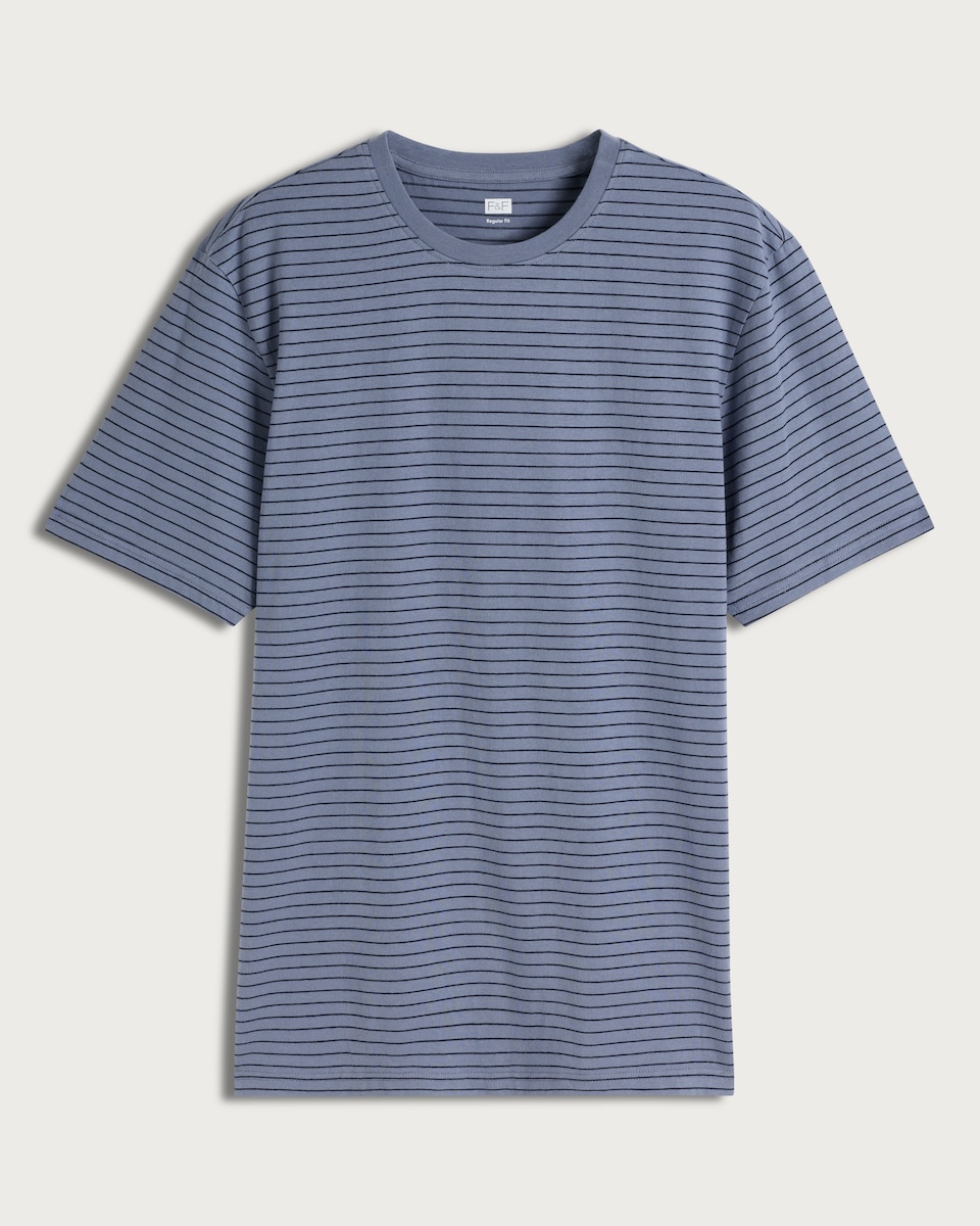 image 1 of F&F Pure Cotton Stripe Print Slim Fit T-Shirt in Blue