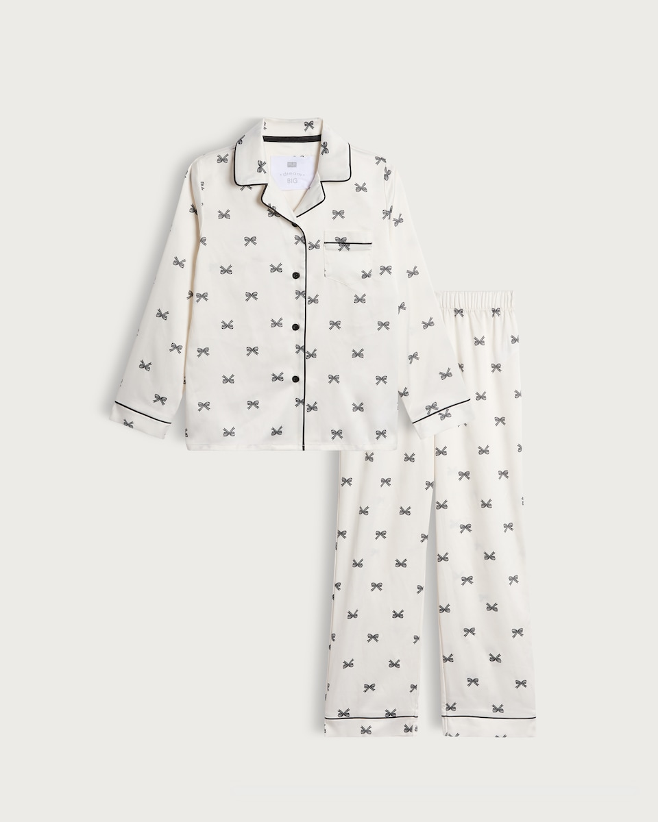 image 1 of F&F Girls Satin Bow Print Pyjama Set in White Multi