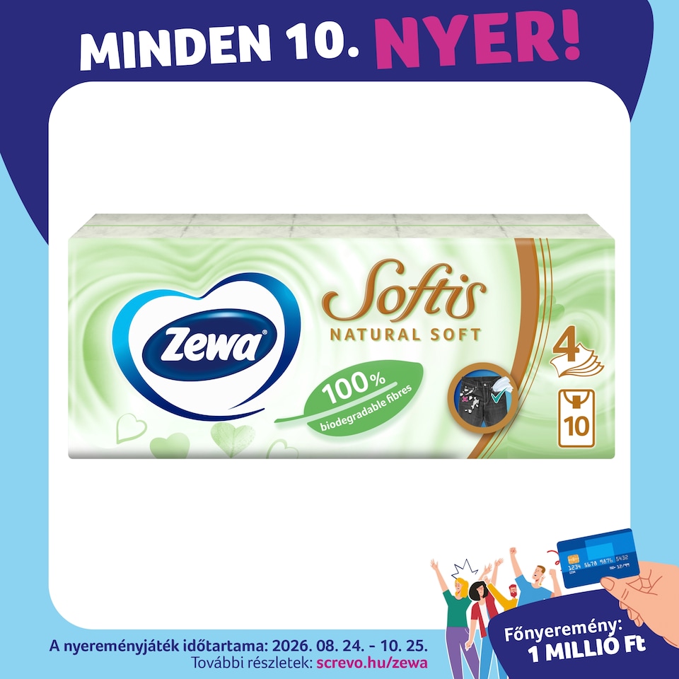 Zewa Softis Natural Soft illatmentes papír zsebkendő 4 rétegű 10 x 9 db  1. kép