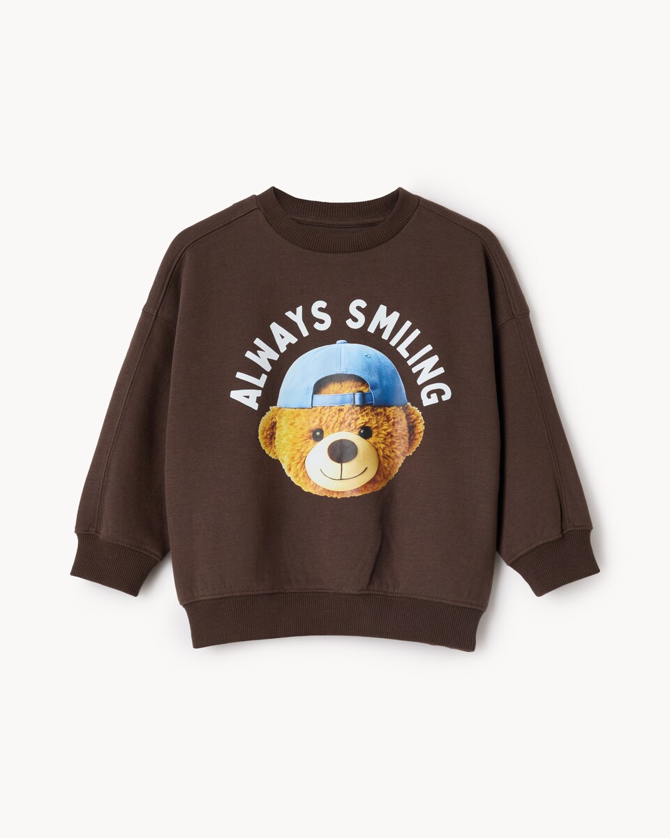 image 1 of F&F Boys Cotton Rich Always Smiling Sweatshirt in Brown
