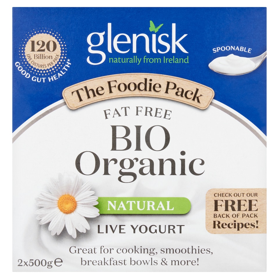 Glenisk Foodie Pack Fat Free Bio Organic Natural Yogurt 2x500g