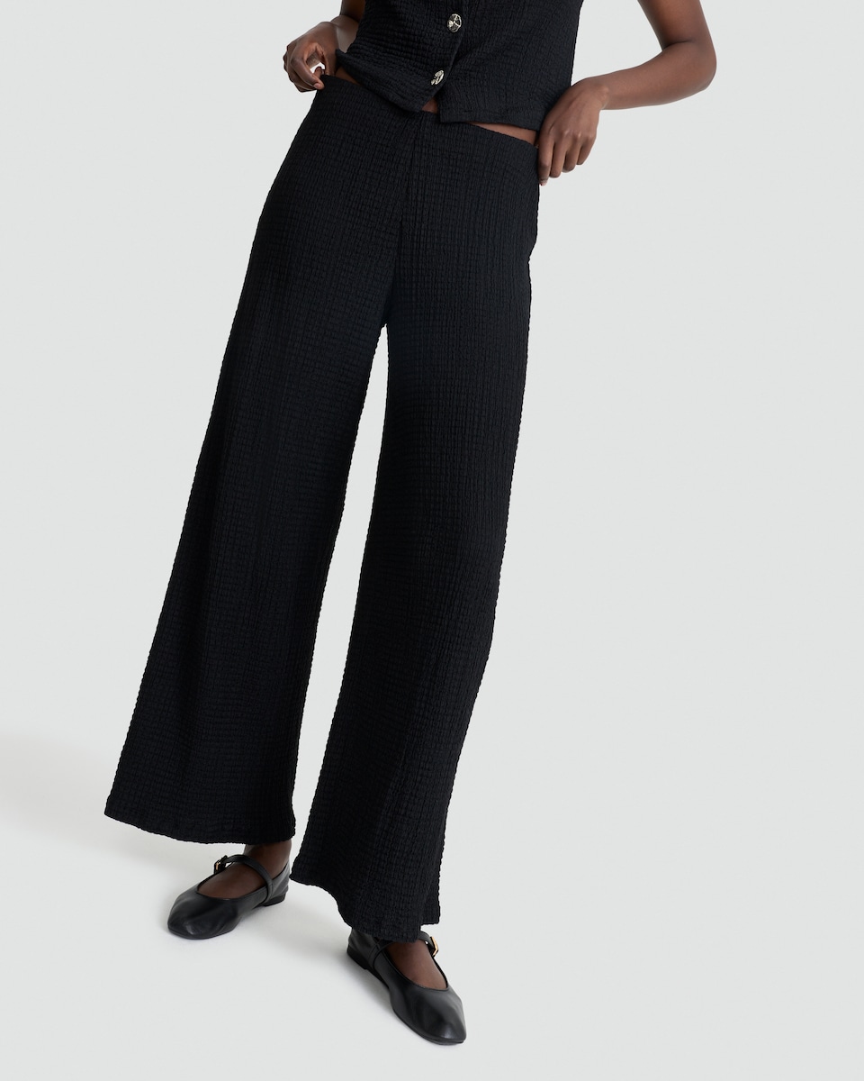 image 1 of F&F Textured Wide Leg Trousers in Black