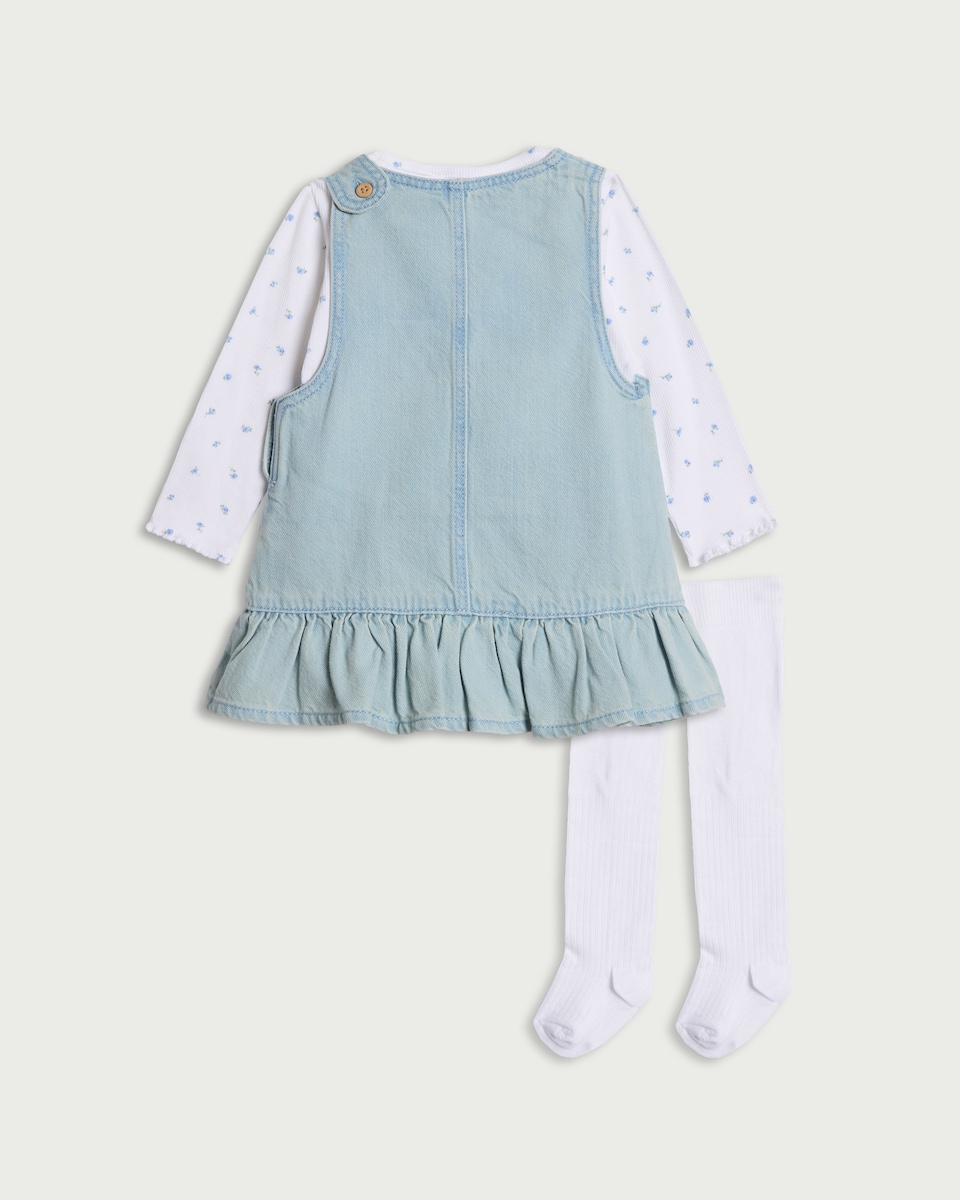 image 1 of F&F Baby 3-Piece Floral Bodysuit, Denim Dress and Tights Set in Blue