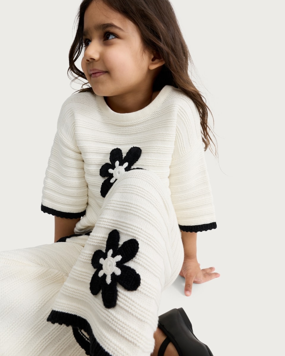 image 1 of F&F Girls 2-Piece Pure Cotton Knitted Textured Flower Top and Trousers Set in Cream