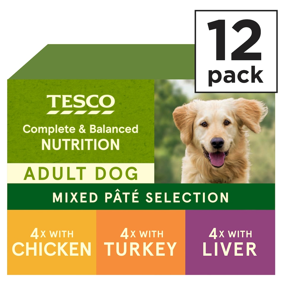 image 1 of Tesco Adult Dog 12 Pate Selection Chicken Turkey Liver 1.8Kg