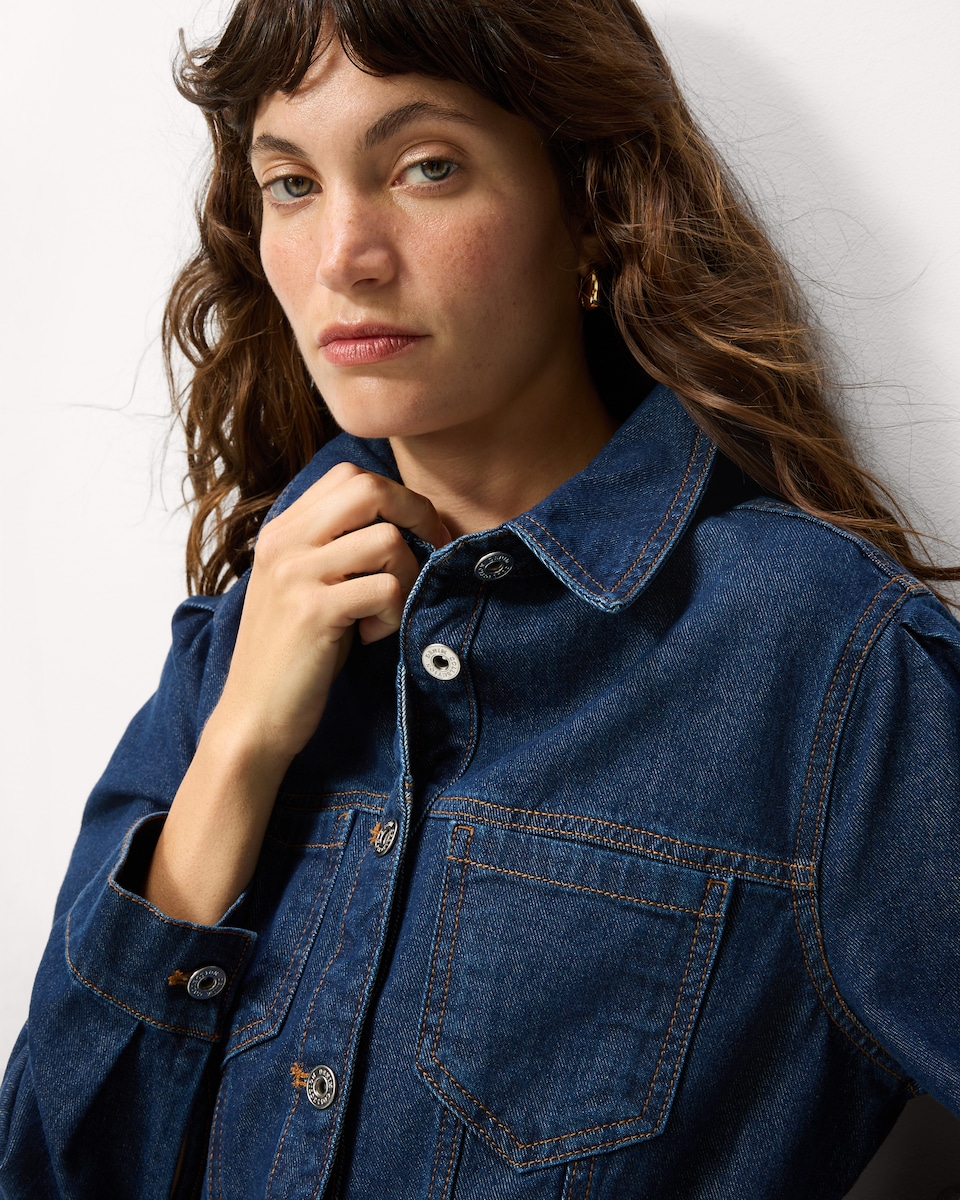 image 1 of F&F Pure Cotton Cinched Waist Denim Jacket in Navy