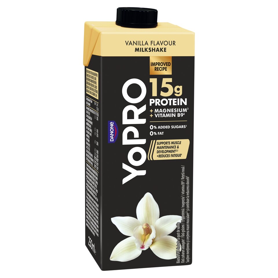 Danone YoPro UHT Vanilla Flavoured Low-Fat Milk Drink with Sweeteners Magnesium & Folic Acid 250 ml