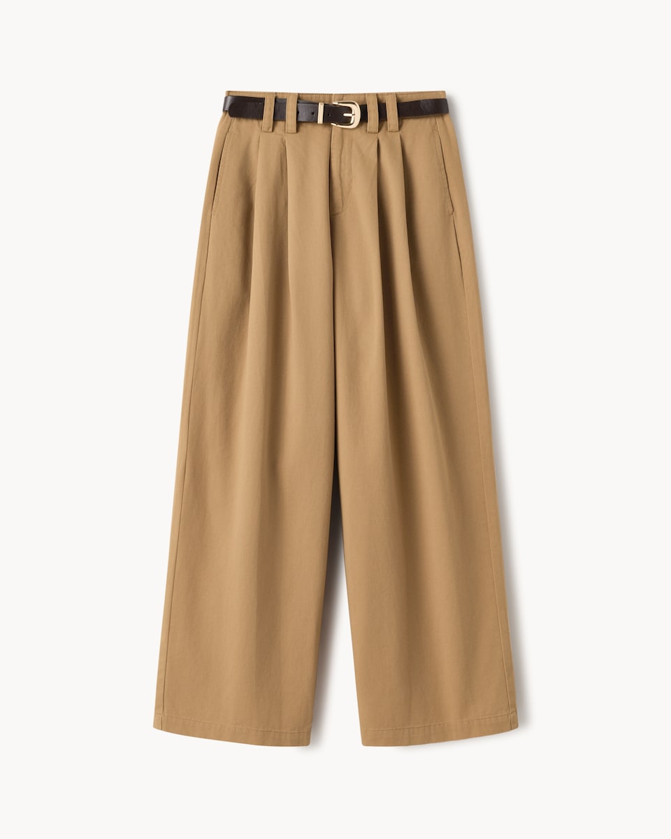 image 1 of F&F Pure Cotton Pleated Belted Chino Trousers in Camel