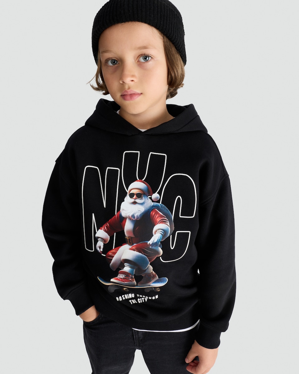 image 1 of F&F Boys Cotton Rich NYC Santa Skateboarding Hoodie in Black