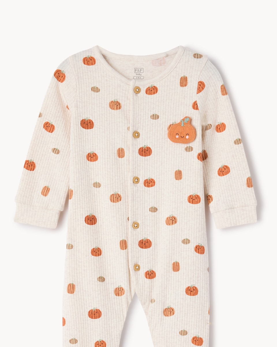 image 1 of F&F Baby Ribbed Little Pumpkin Sleepsuit in Neutral