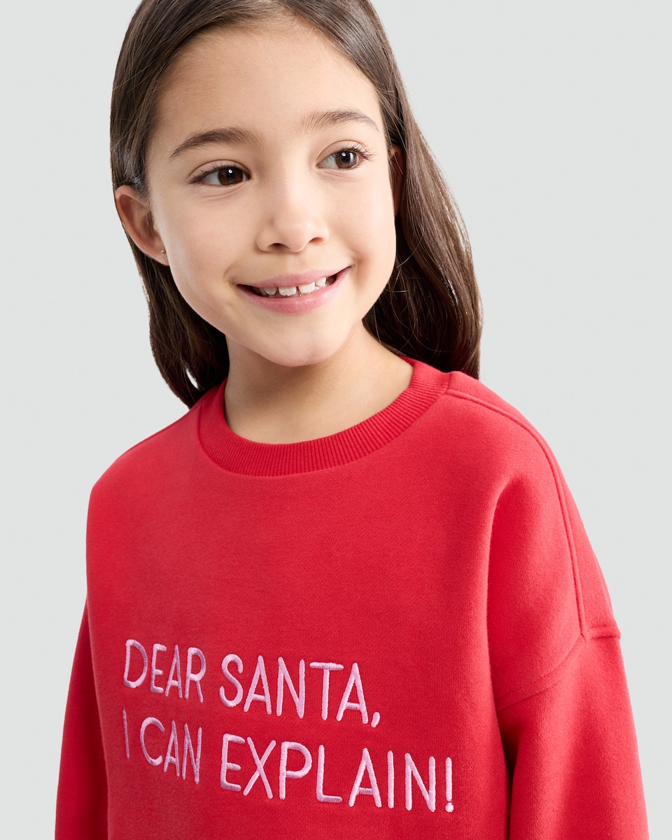 image 1 of F&F Girls Cotton Rich Dear Santa Slogan Sweatshirt in Red