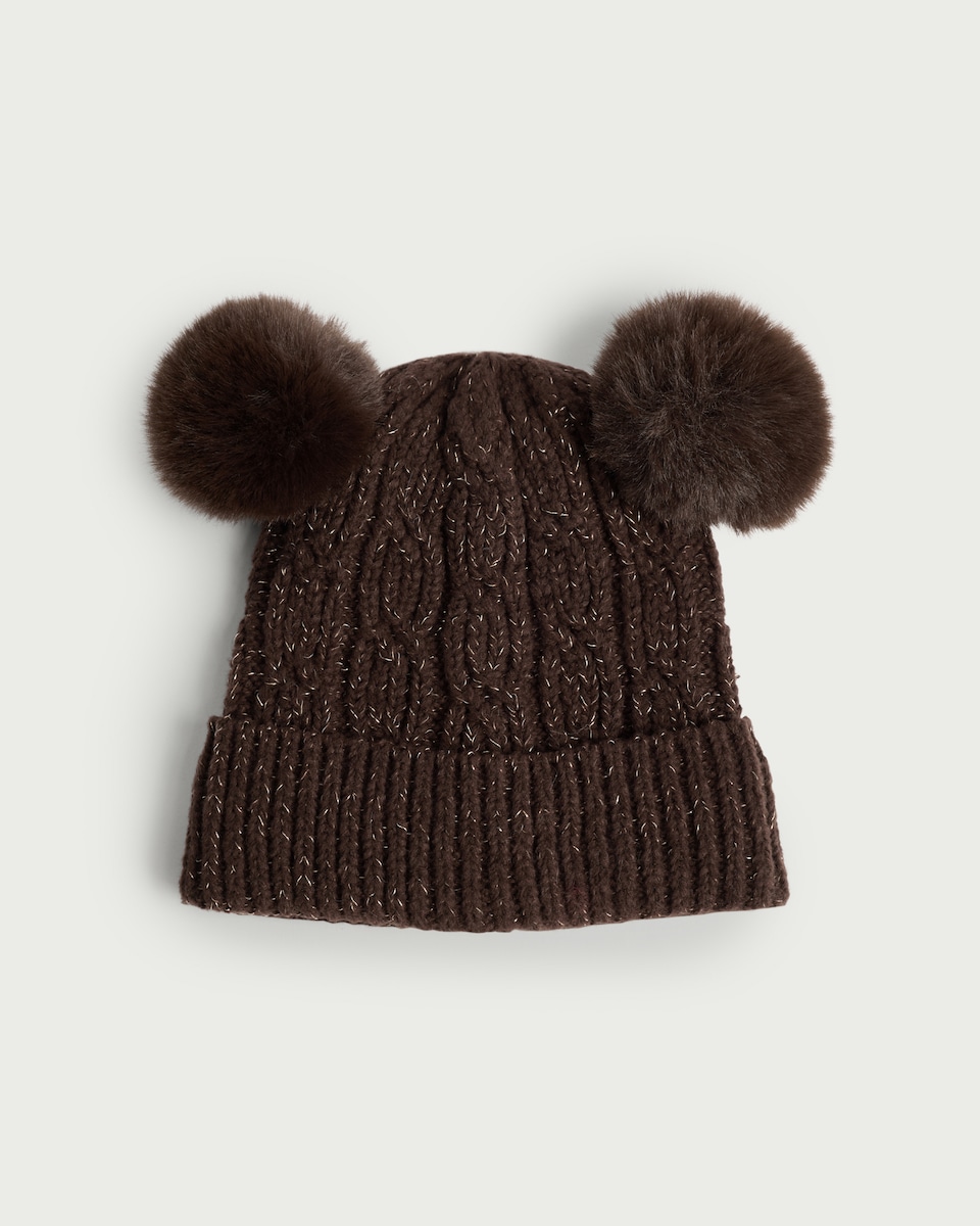 image 1 of F&F Girls Cable Knit Pom Pom Beanie Hat in Chocolate