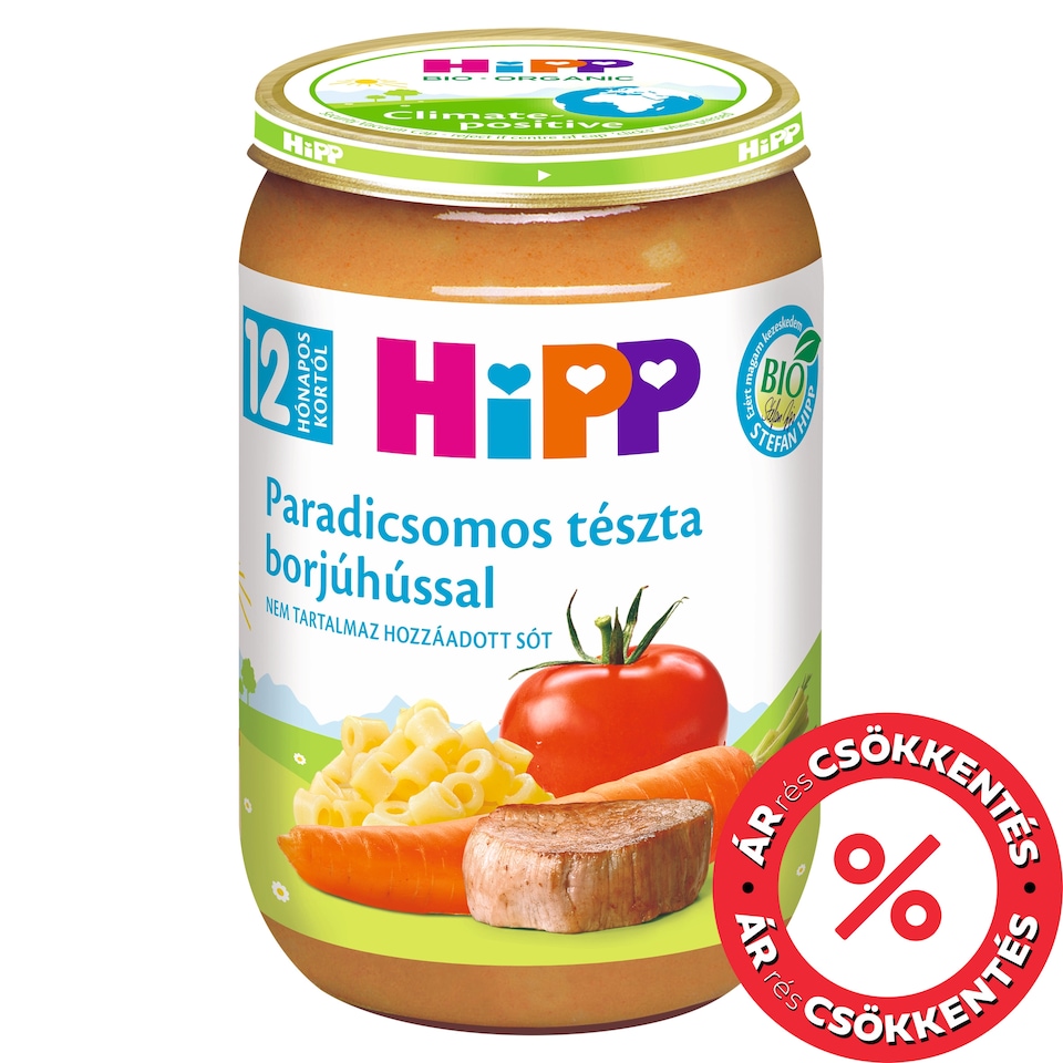 HiPP bio paradicsomos tészta borjúhússal bébiétel 12 hónapos kortól 220 g