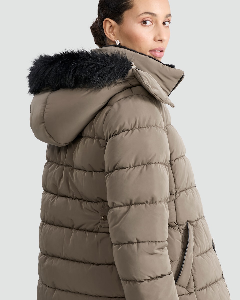 image 1 of F&F Faux Fur Trim Hooded Shower Resistant Puffer Coat in Khaki