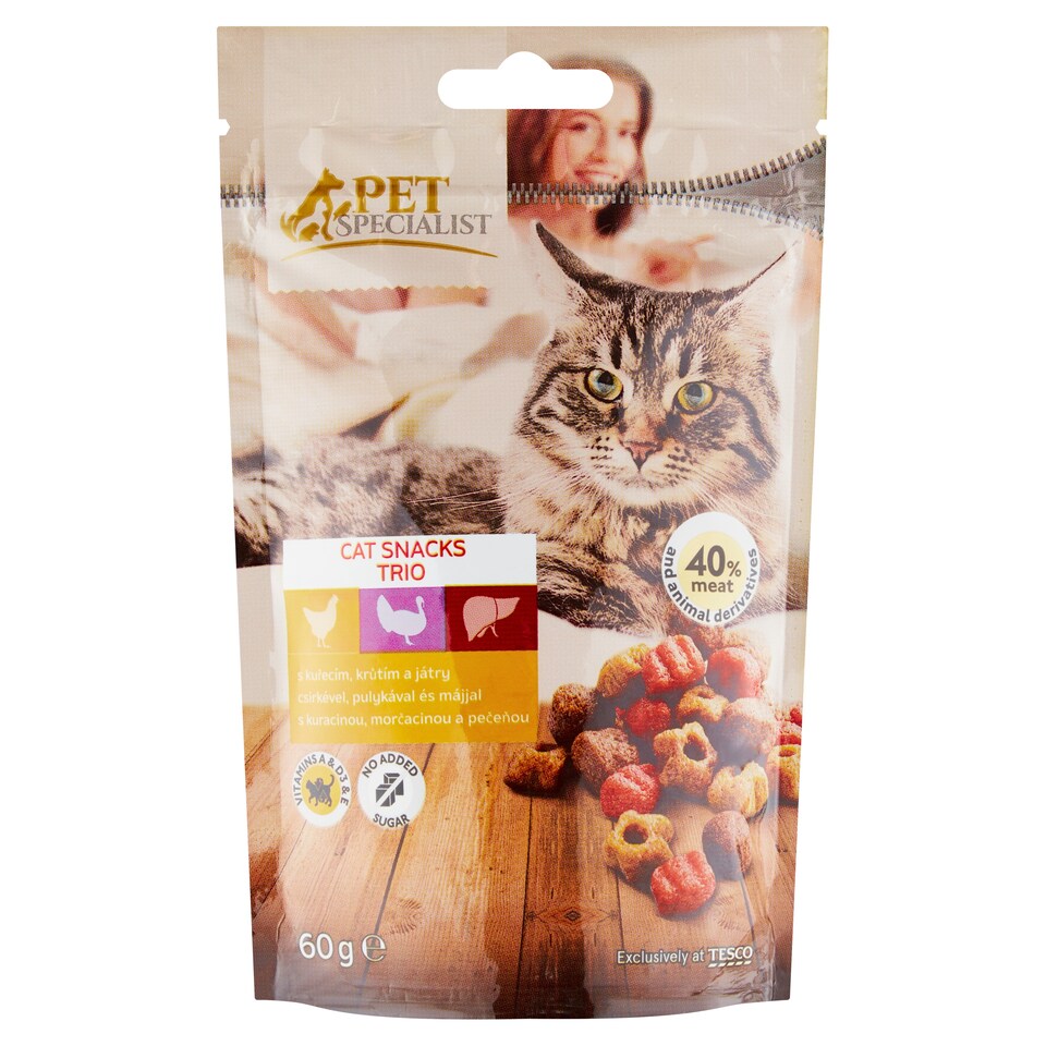 Tesco Pet Specialist kiegészítő macskaeledel, ropogós falatok csirkével, pulykával és májjal 60 g
