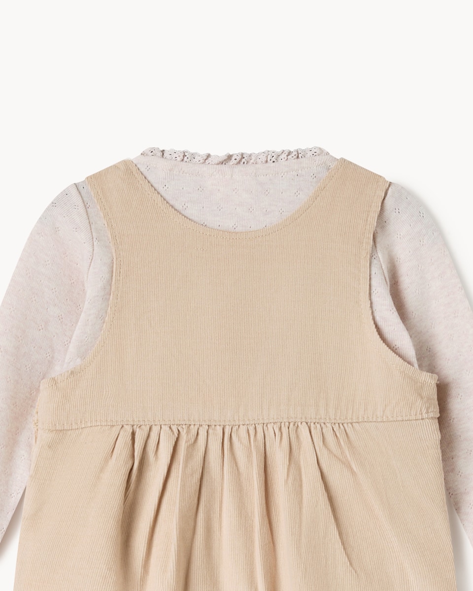 image 1 of F&F Baby Pure Cotton Corduroy Floral Dungarees and Bodysuit Set in Brown