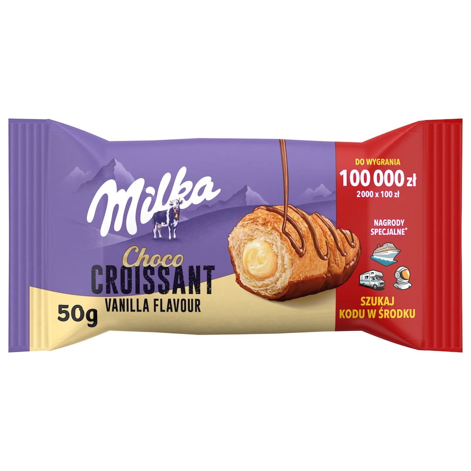 Obrázek 1 pro produkt Milka Choco croissant Vanilla s náplní s vanilkovou přích. zdobené a máčené v mléčné čokoládě 50 g