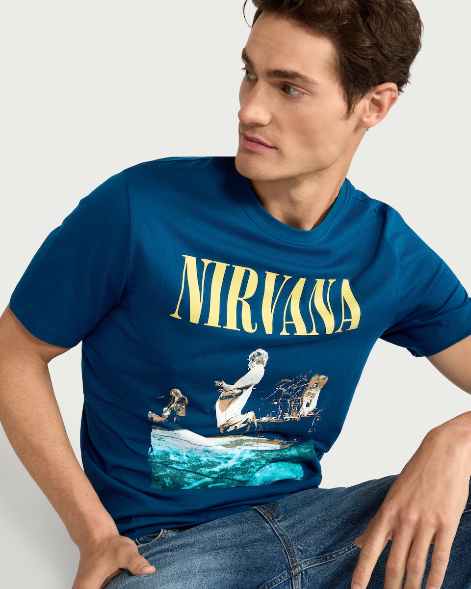 image 1 of Nirvana Pure Cotton Graphic Print T-Shirt in Navy