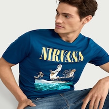 Nirvana Pure Cotton Graphic Print T-Shirt in Navy