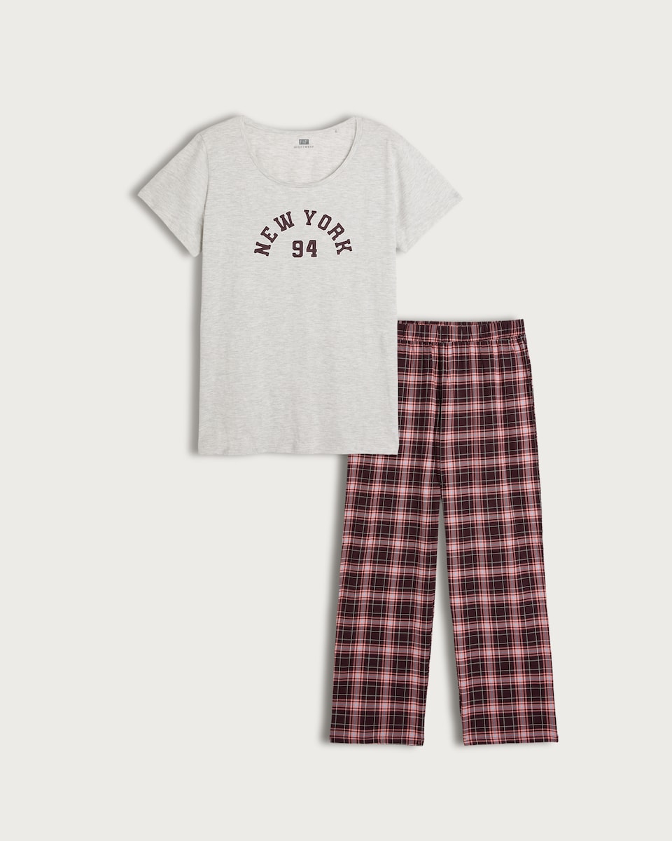image 1 of F&F Cotton Rich Slogan T-Shirt and Check Print Trousers Pyjamas in Grey