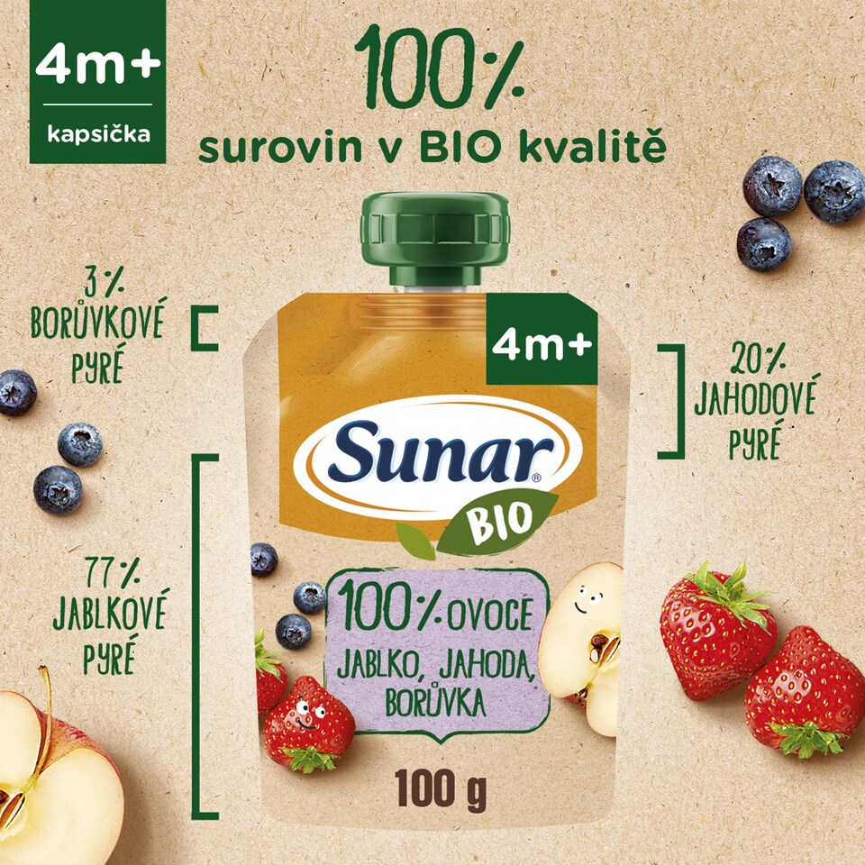 image 1 of Sunar Organic Apple, Strawberry, Blueberry 100g