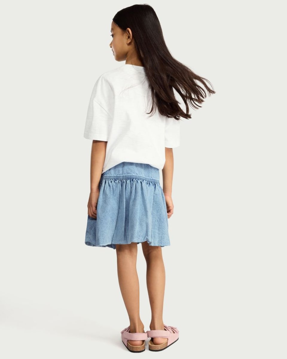 image 1 of F&F Girls Pure Cotton Bubble Hem Denim Skirt in Blue