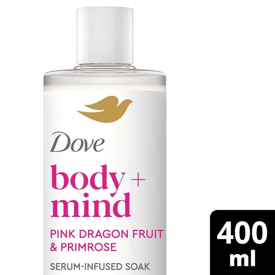 image 1 of Dove Body + Mind Pink Dragonfruit & Primrose Serum Infused Bath Soak 400ml