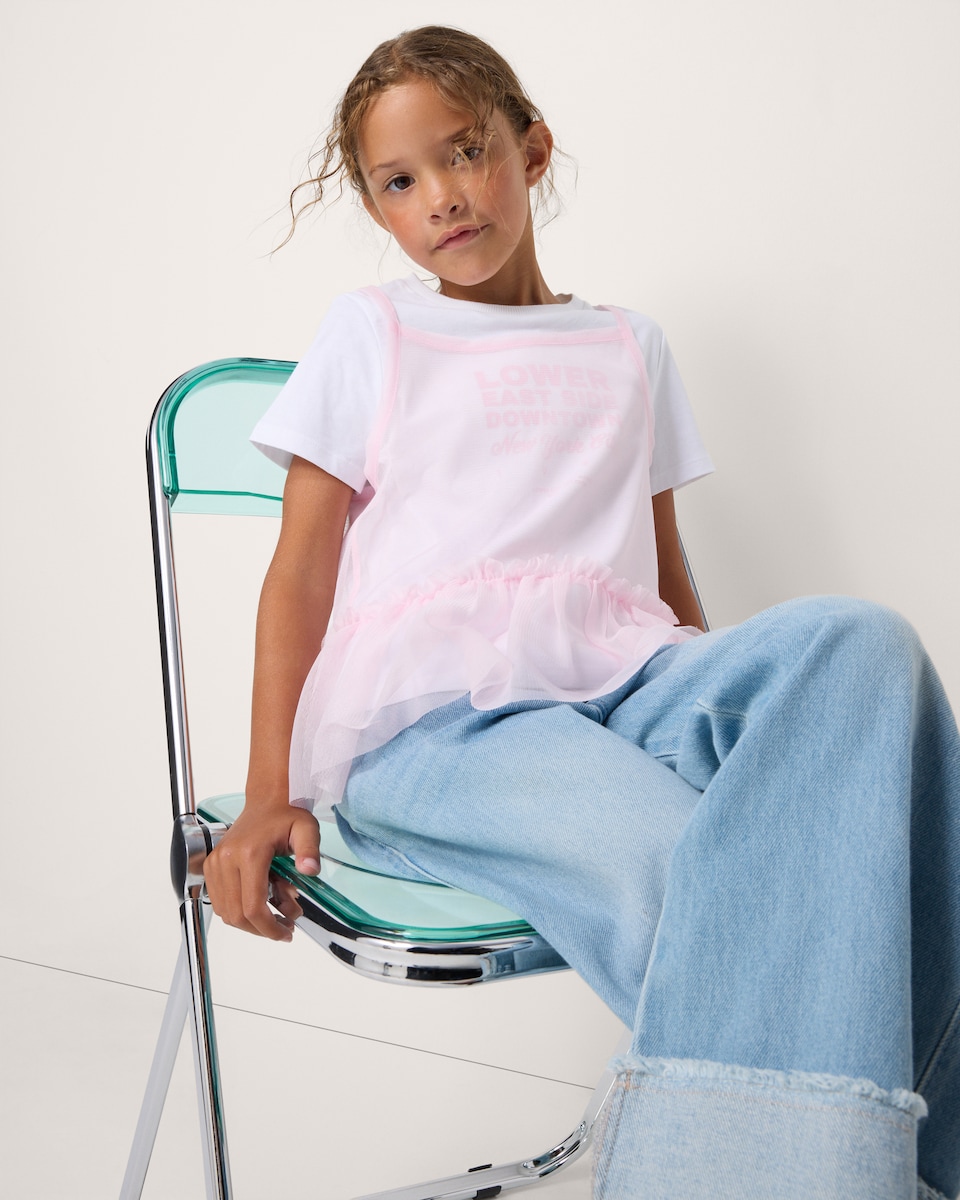 image 1 of F&F Girls Tulle Layered T-Shirt in Multi