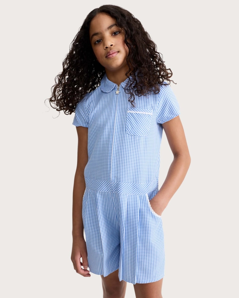 image 1 of F&F School Girls 2-Pack Gingham Short Sleeved Playsuits in Blue