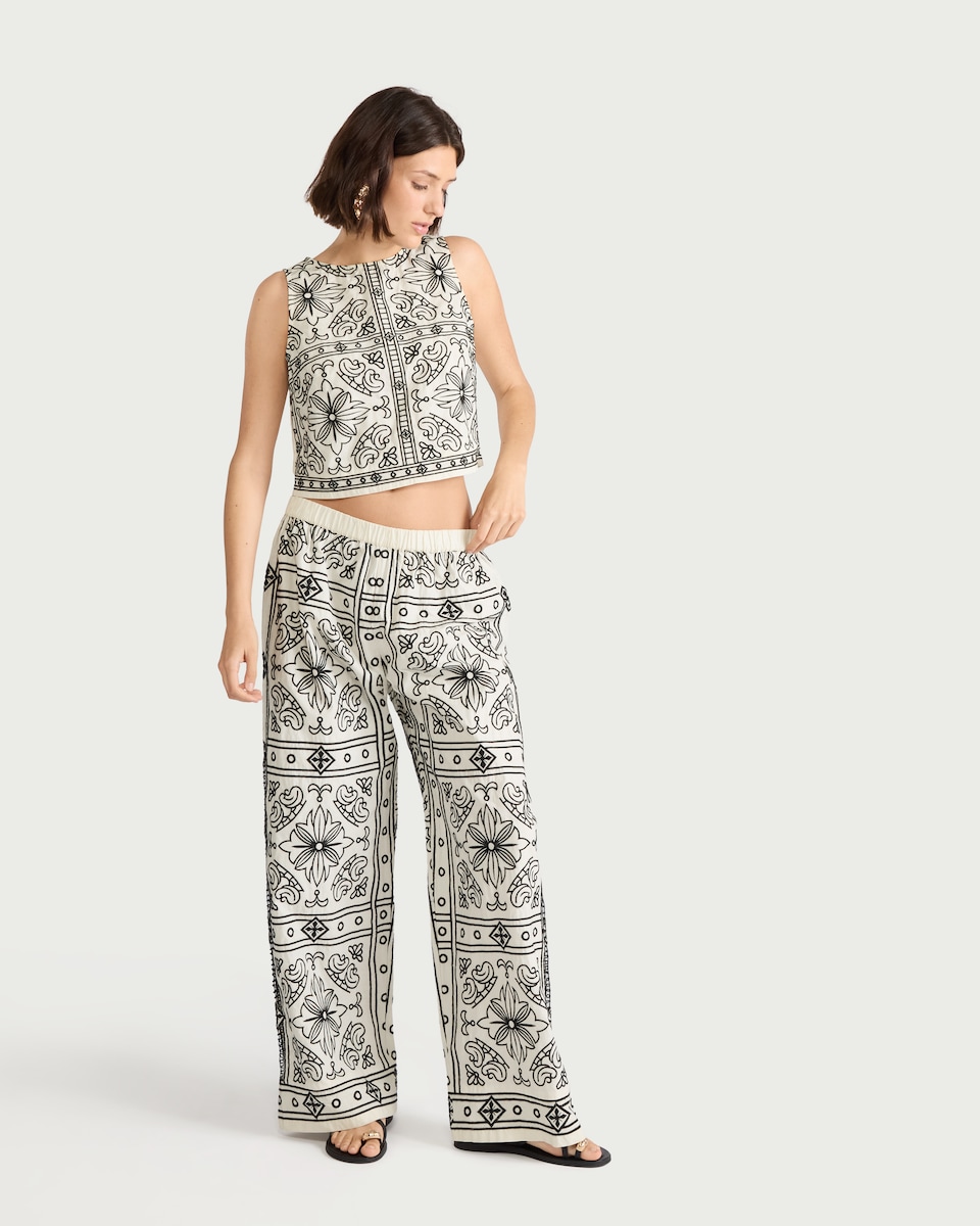 image 1 of The F&F Edit Pure Cotton Embroidered Trousers in Cream