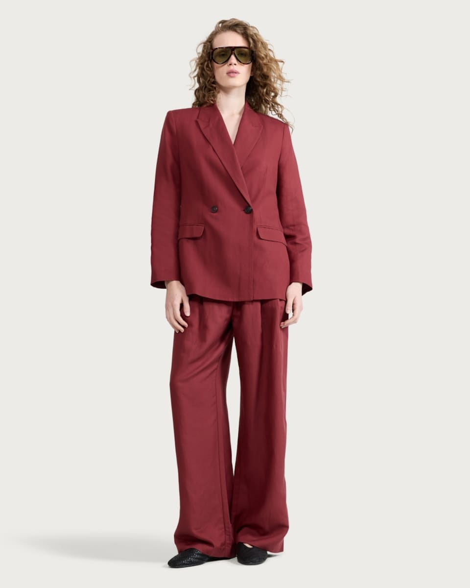 image 1 of The F&F Edit Double Pleated Wide Leg Trousers with Linen in Burgundy