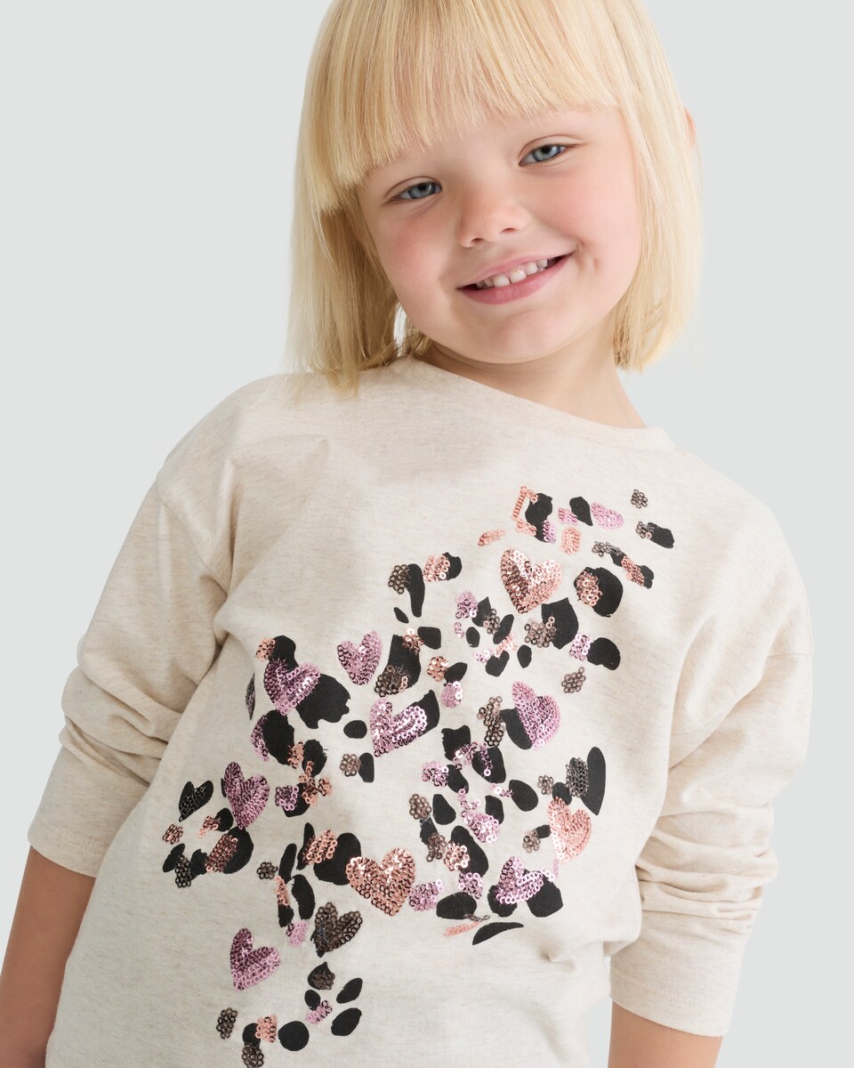 image 1 of F&F Girls Pure Cotton Foil Leopard Print Heart Print Top in Stone