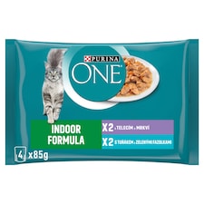 Purina ONE Indoor kapsičky pre mačky tuniak, teľacie v šťave 4 x 85 g