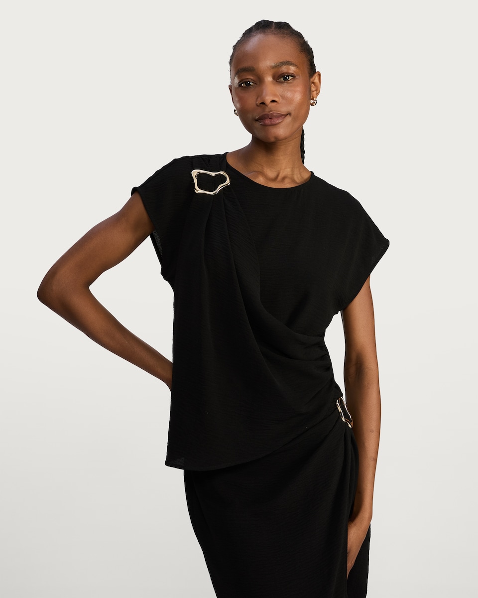 image 1 of F&F Draped Metal Detail Top in Black