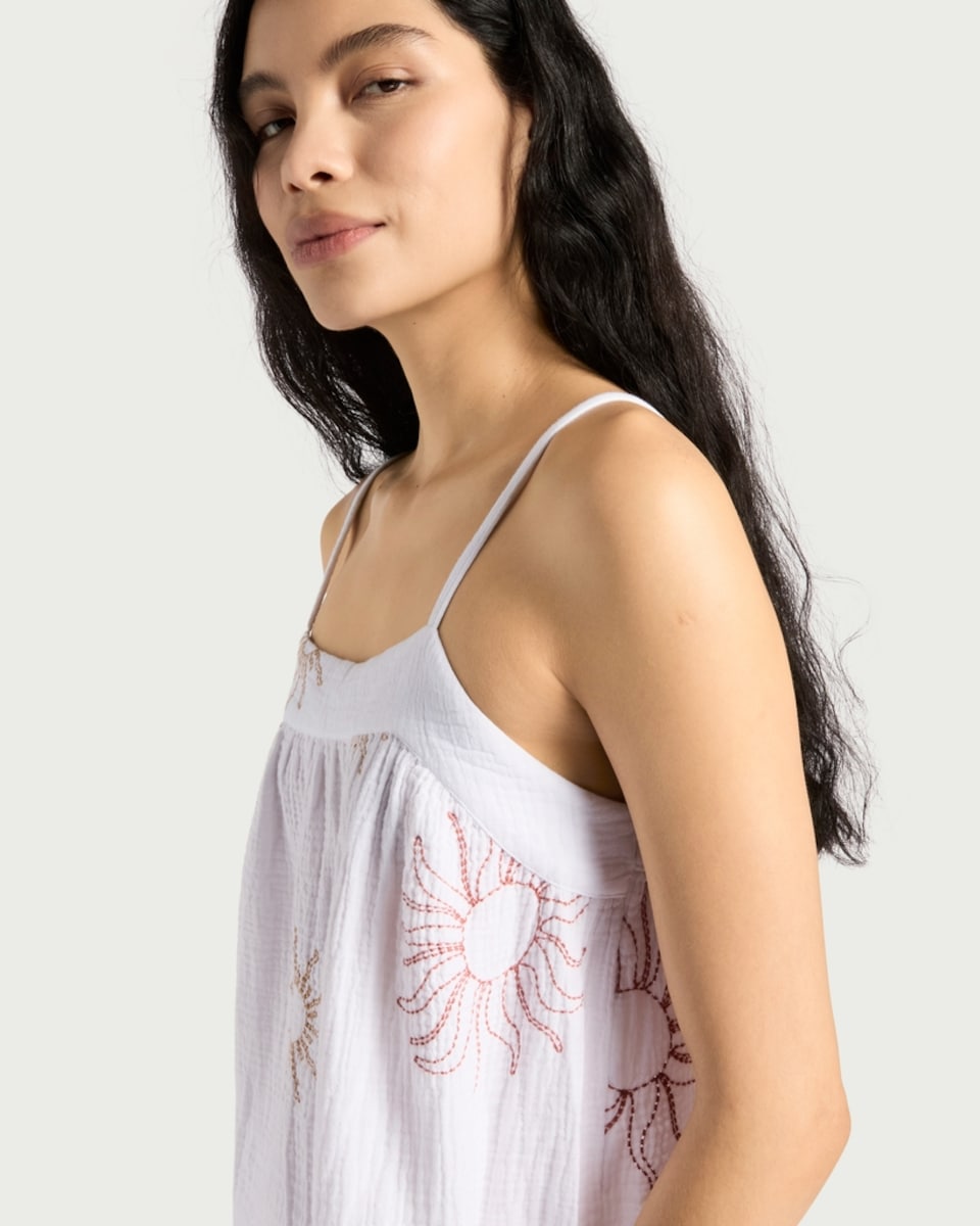 image 1 of F&F Pure Cotton Embroidered Sun Pyjama Camisole Top in Cream