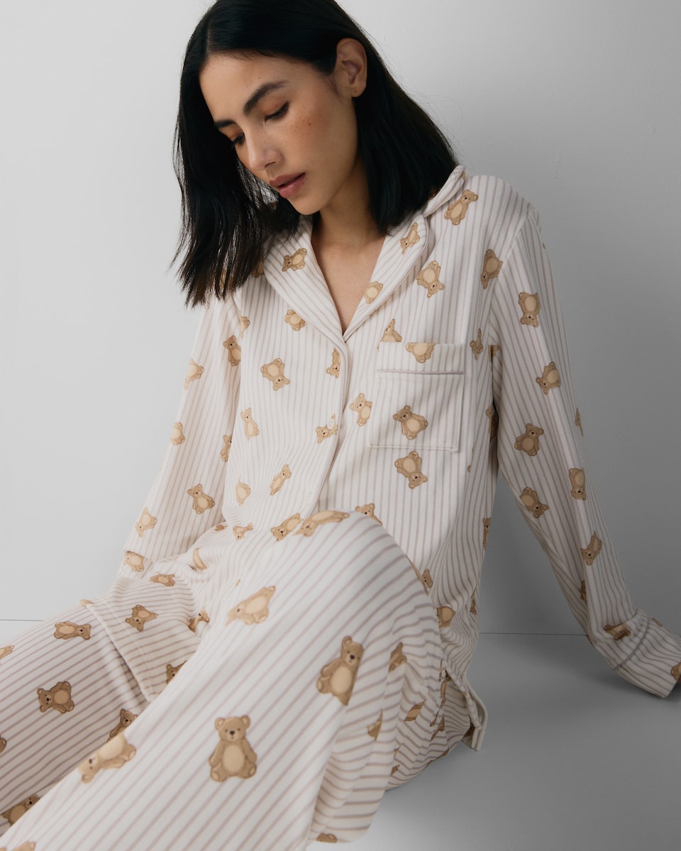 image 1 of F&F Fleece Striped Bear Print Revere Pyjama Set in Cream