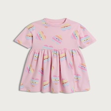 F&F Girls Pure Cotton Heart Print Short Sleeved Dress in Multi Pink