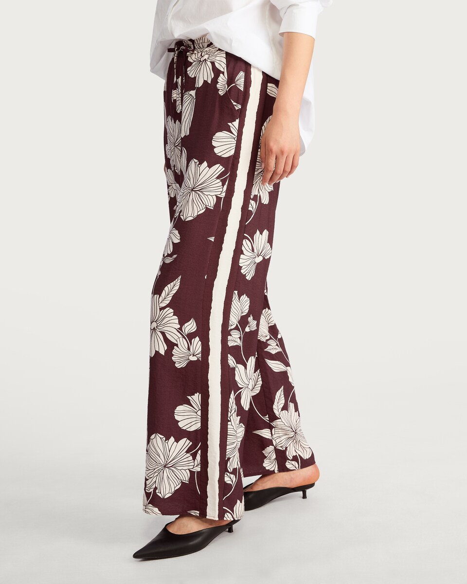 image 1 of F&F Floral Wide Leg Drawstring Trousers in Burgundy