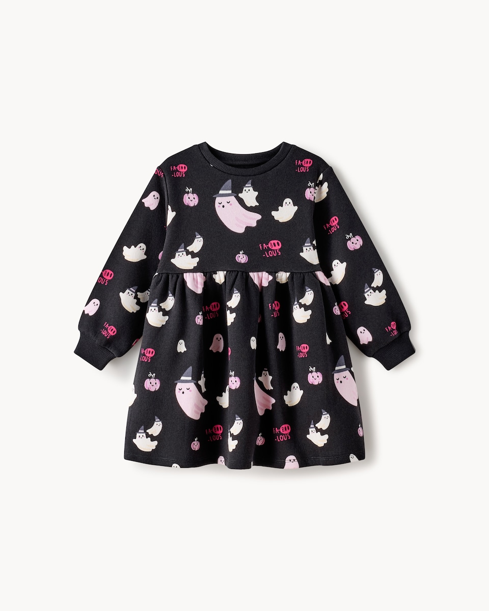 image 1 of F&F Girls Cotton Rich Halloween Print Sweat Dress in Multi Black