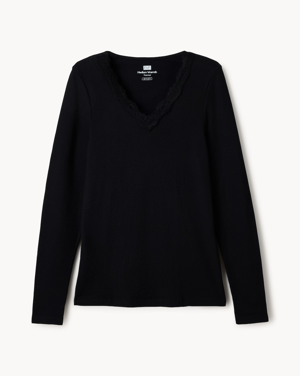 image 1 of F&F WARMPLUS™ Medium Warmth Thermal V Neck Top in Black