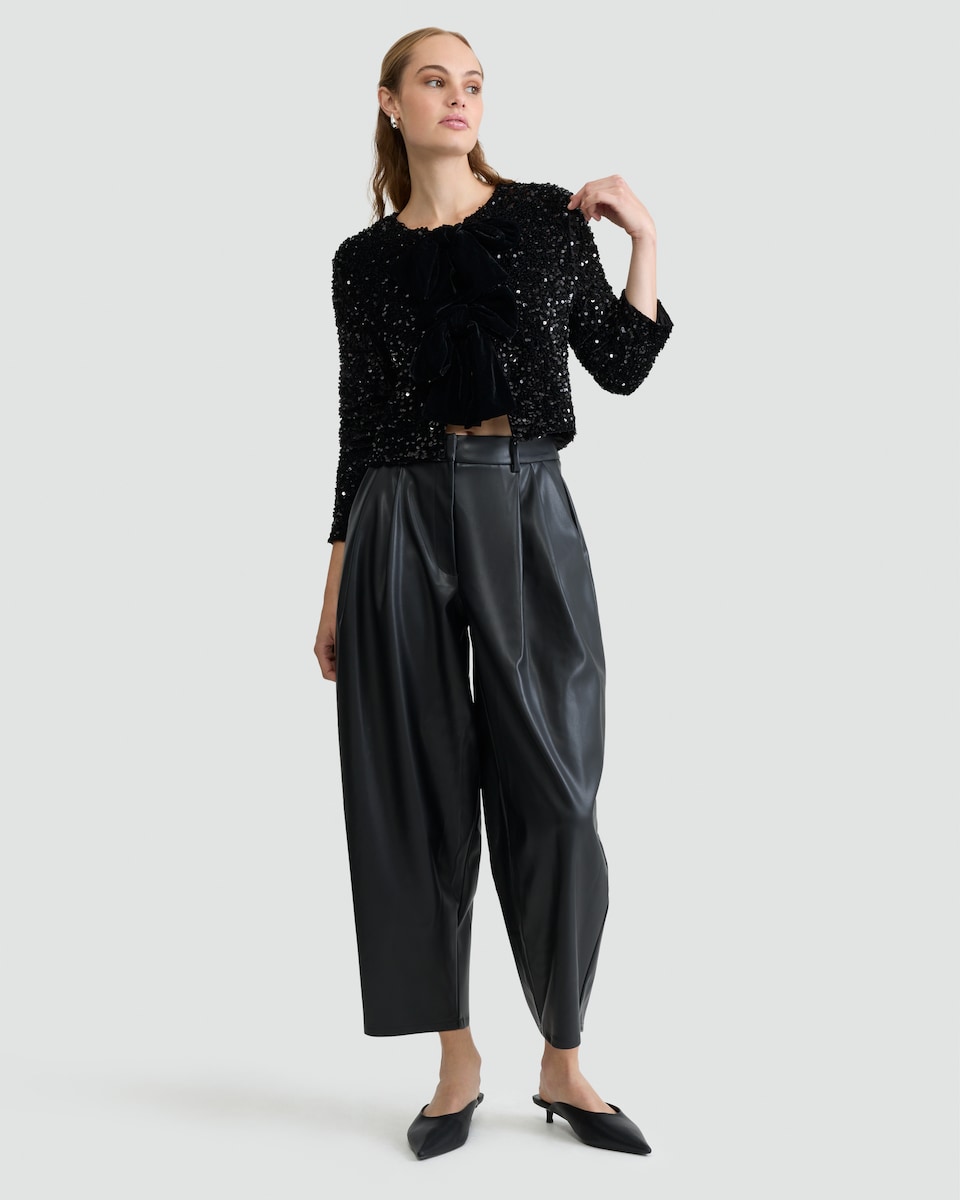 image 1 of F&F Faux Velvet Sequin Embellished Bow Jacket in Black