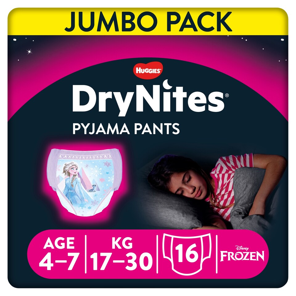 image 1 of Huggies DryNites Bedwetting Pyjama Nappy Pants Girls 4-7Yr x16