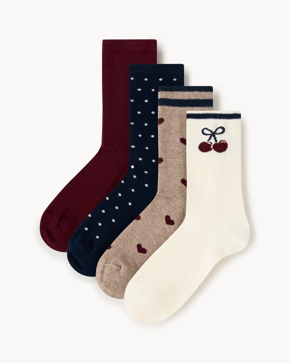 F&F 4-Pack Cotton Blend Cherry Ankle Socks in Berry