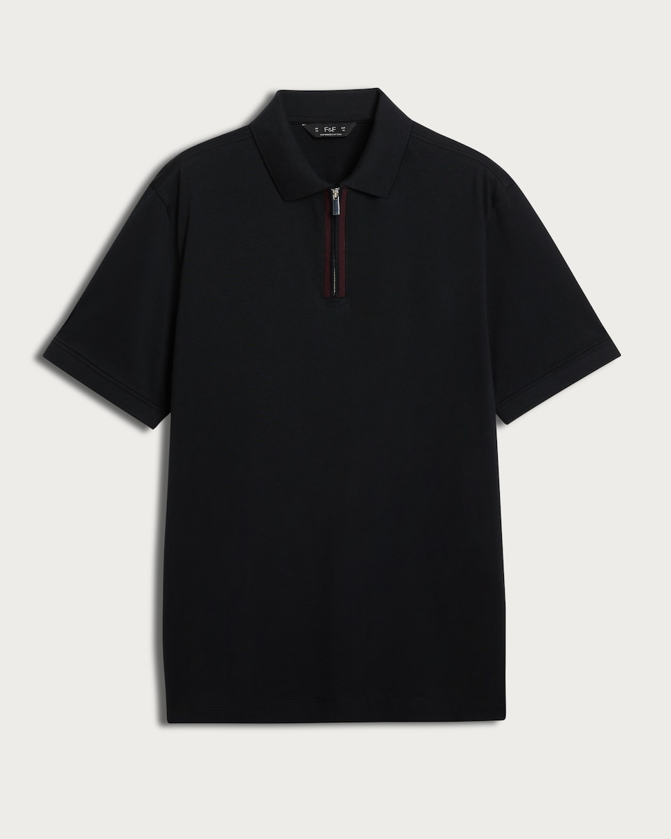 image 1 of F&F Pure Cotton Zip Neck Short Sleeved Polo Shirt in Black