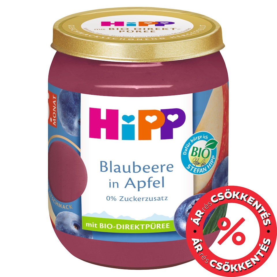 HiPP bio gyümölcskészítmény alma áfonyával bébidesszert 5 hónapos kortól 160 g 1. kép