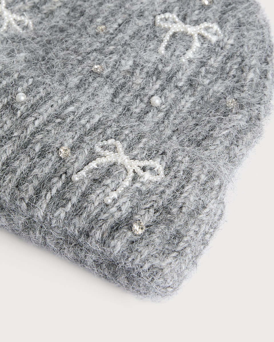 image 1 of F&F Knitted Faux Pearl Diamanté Embellished Beanie Hat with Wool in Grey
